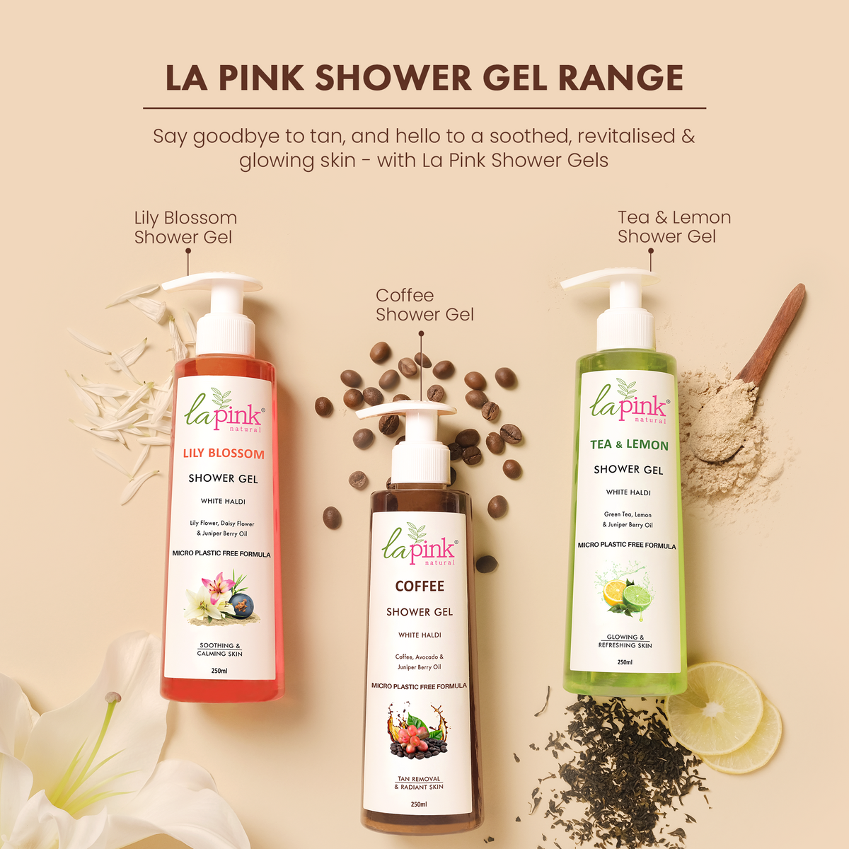 "La Pink Tea & Lemon Shower Gel with White Haldi for Glowing & Refreshing Skin 250 ML "