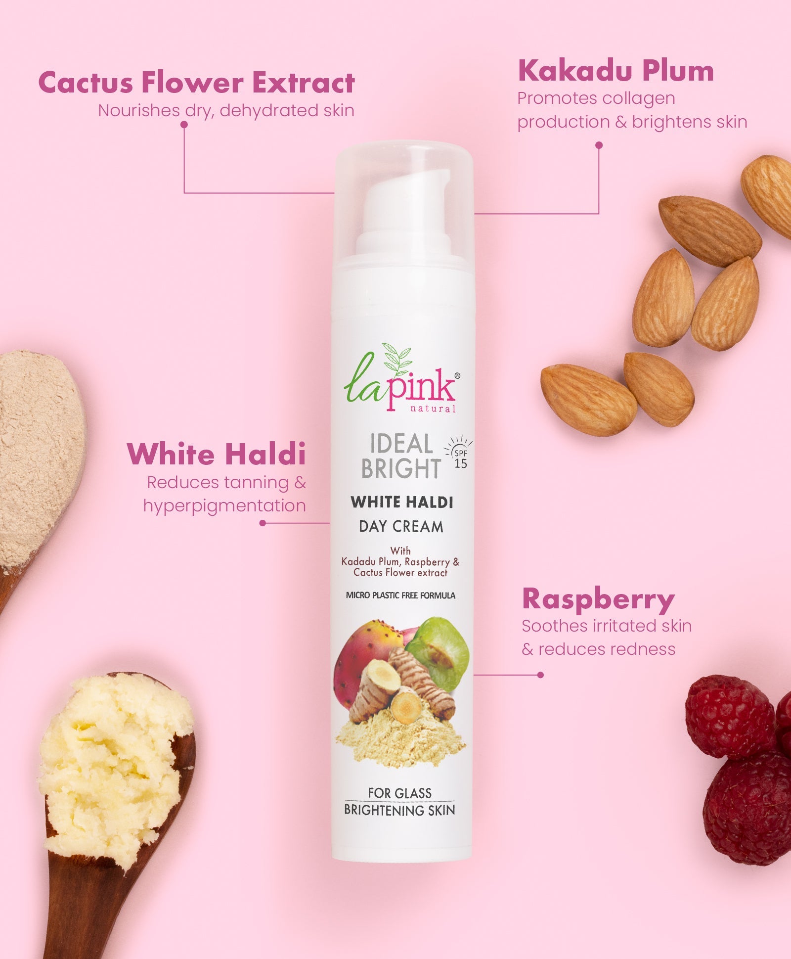 La Pink Ideal Bright Day Cream | 100% Microplastic Free Formula | For Glass like Brightened skin, SPF15, Evens Skin Tone, All Skin Types | 50g