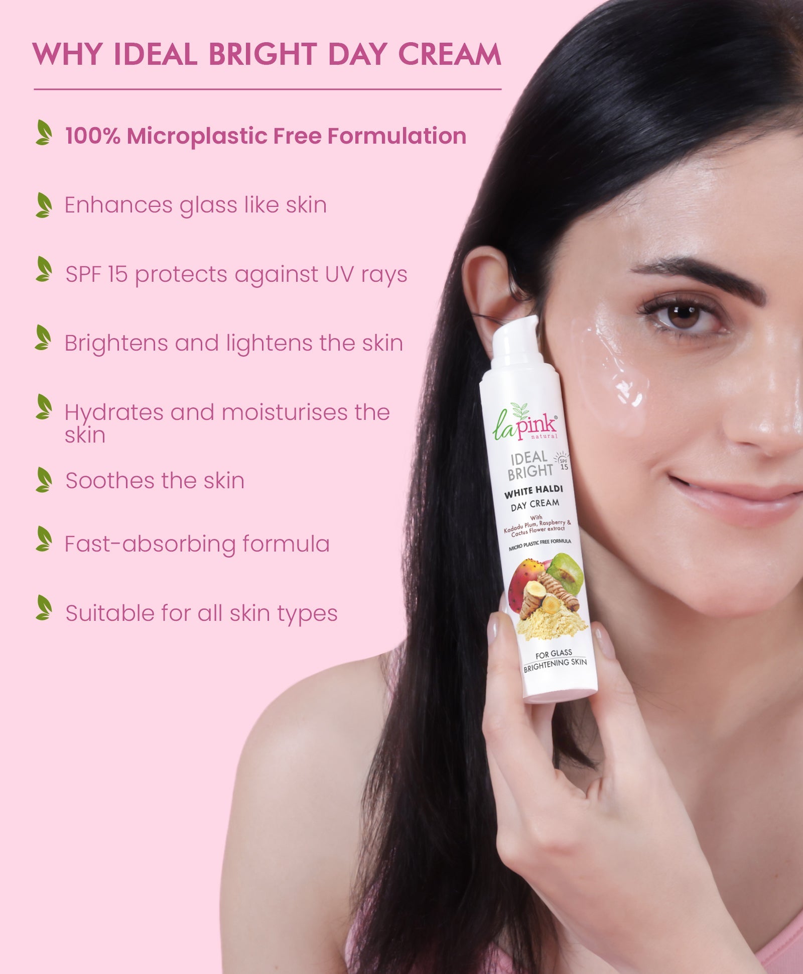 La Pink Ideal Bright Day Cream | 100% Microplastic Free Formula | For Glass like Brightened skin, SPF15, Evens Skin Tone, All Skin Types | 50g