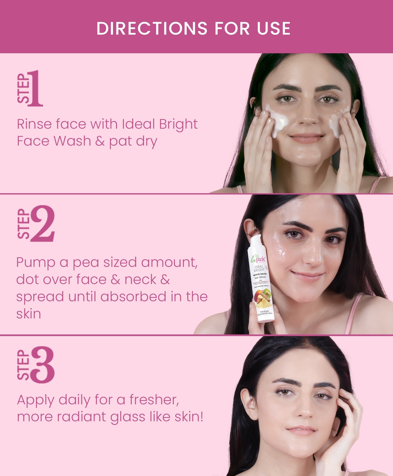 La Pink Ideal Bright Day Cream | 100% Microplastic Free Formula | For Glass like Brightened skin, SPF15, Evens Skin Tone, All Skin Types | 50g