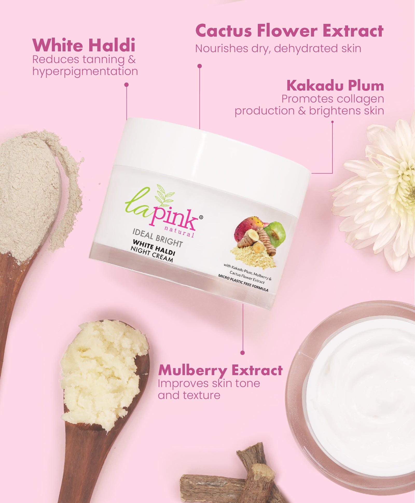 La Pink Ideal Bright Night Cream | 100% Microplastic Free Formula | For Glass like Brightened skin, Evens Skin Tone , All Skin Types | 50g