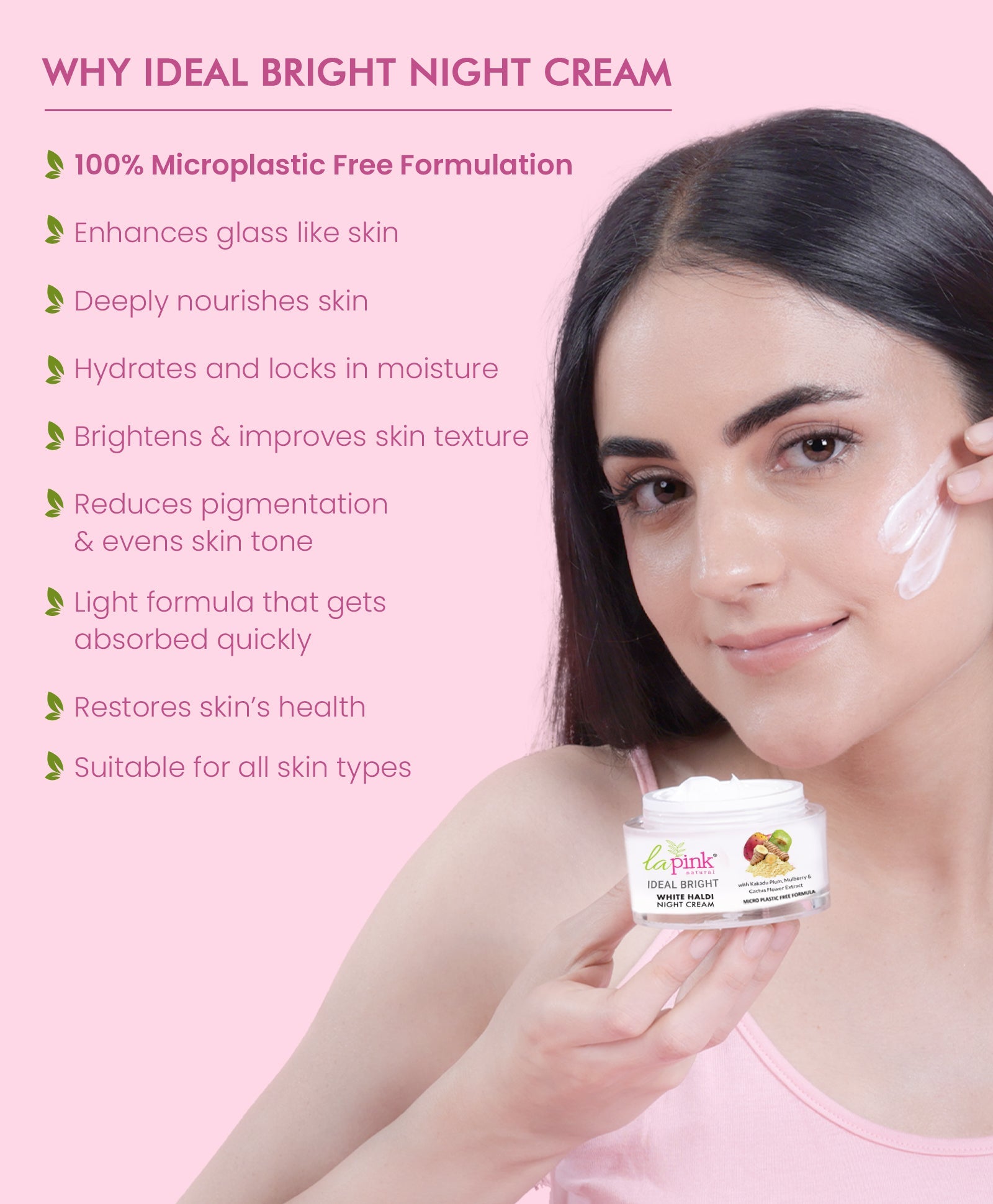 La Pink Ideal Bright Night Cream | 100% Microplastic Free Formula | For Glass like Brightened skin, Evens Skin Tone , All Skin Types | 50g