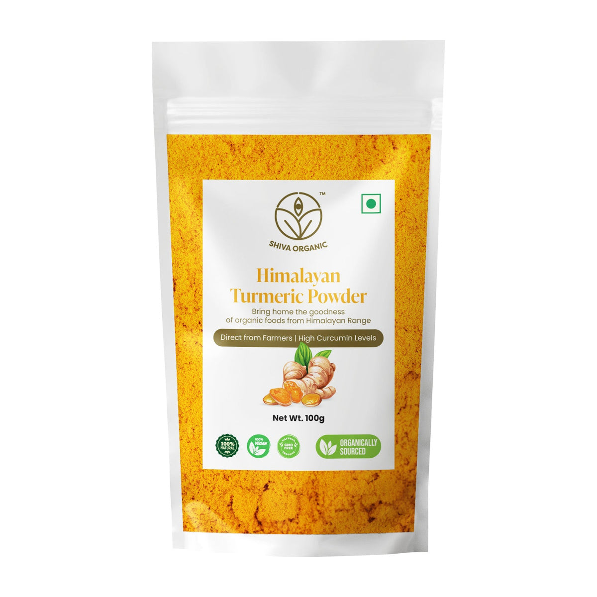 Shiva Organic Himalayan Turmeric Powder/Haldi 100g - High Curcumin level - Preservative/Chemical Free