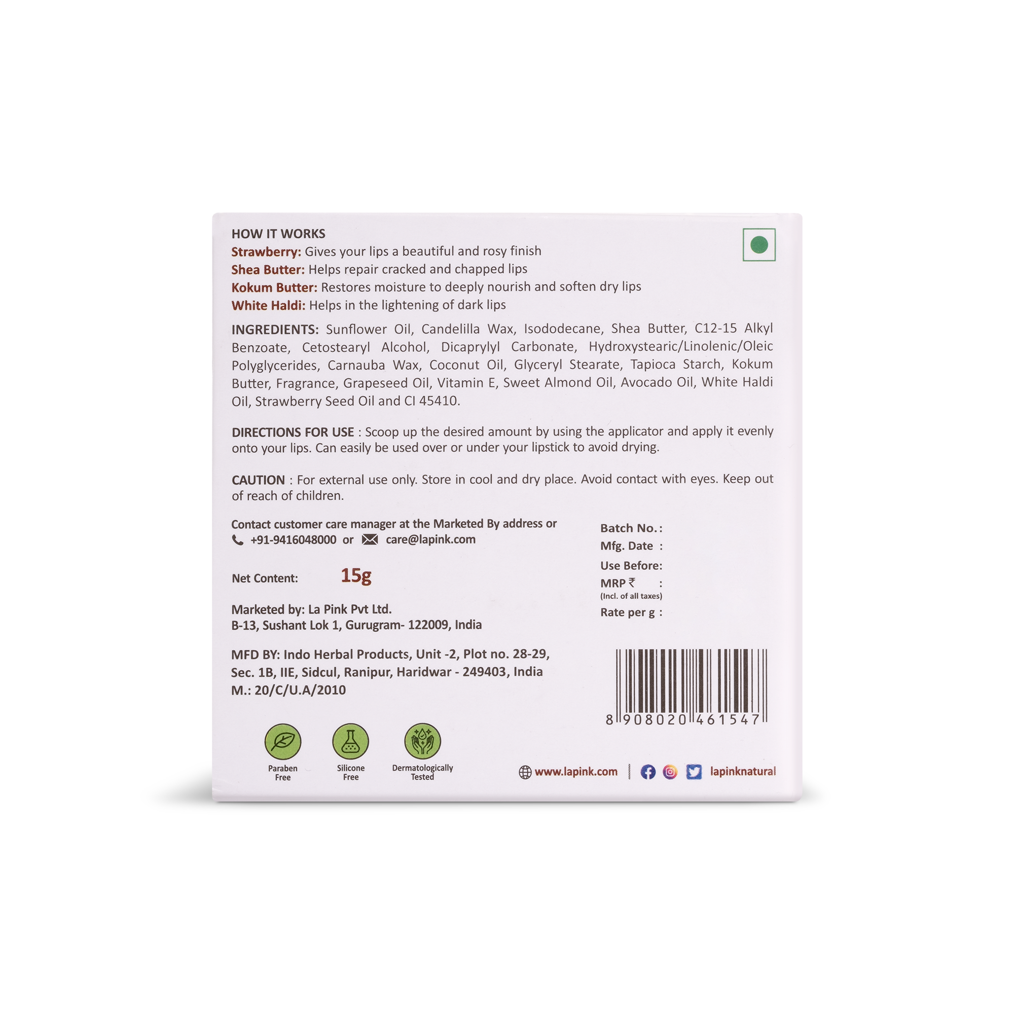 La Pink Strawberry Lip Care with White Haldi for Shiny & Natural Tint  15 gms