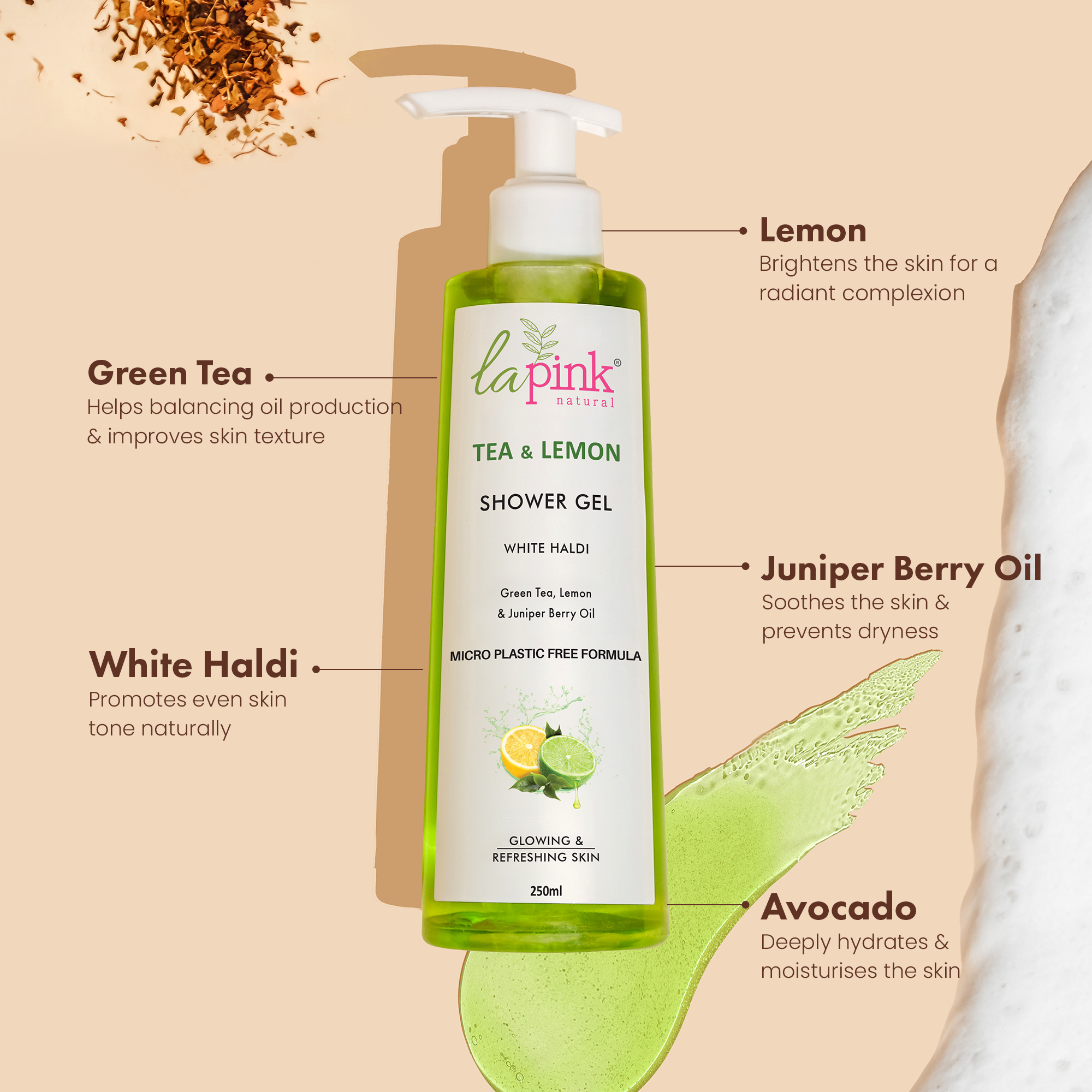 "La Pink Tea & Lemon Shower Gel with White Haldi for Glowing & Refreshing Skin 250 ML "