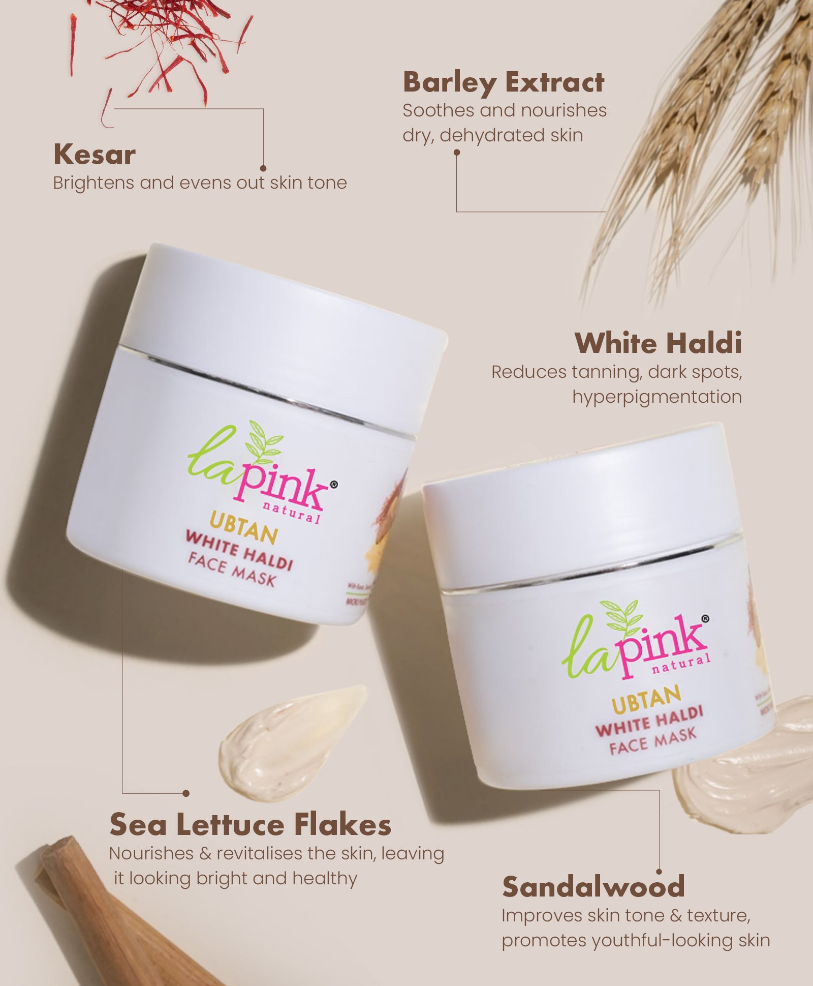 La Pink Ubtan White Haldi Face Pack Mask with 100% Microplastic Free Formula Blemish, Pigmentation, Dark Spot & Tan Removal | All Skin Types | 100g