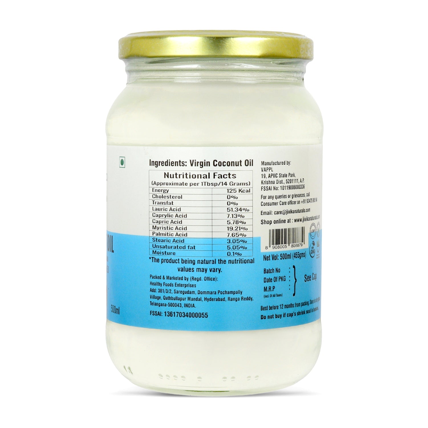 Jivika Cold Pressed Virgin Coconut Oil 500ml (Glass Jar)