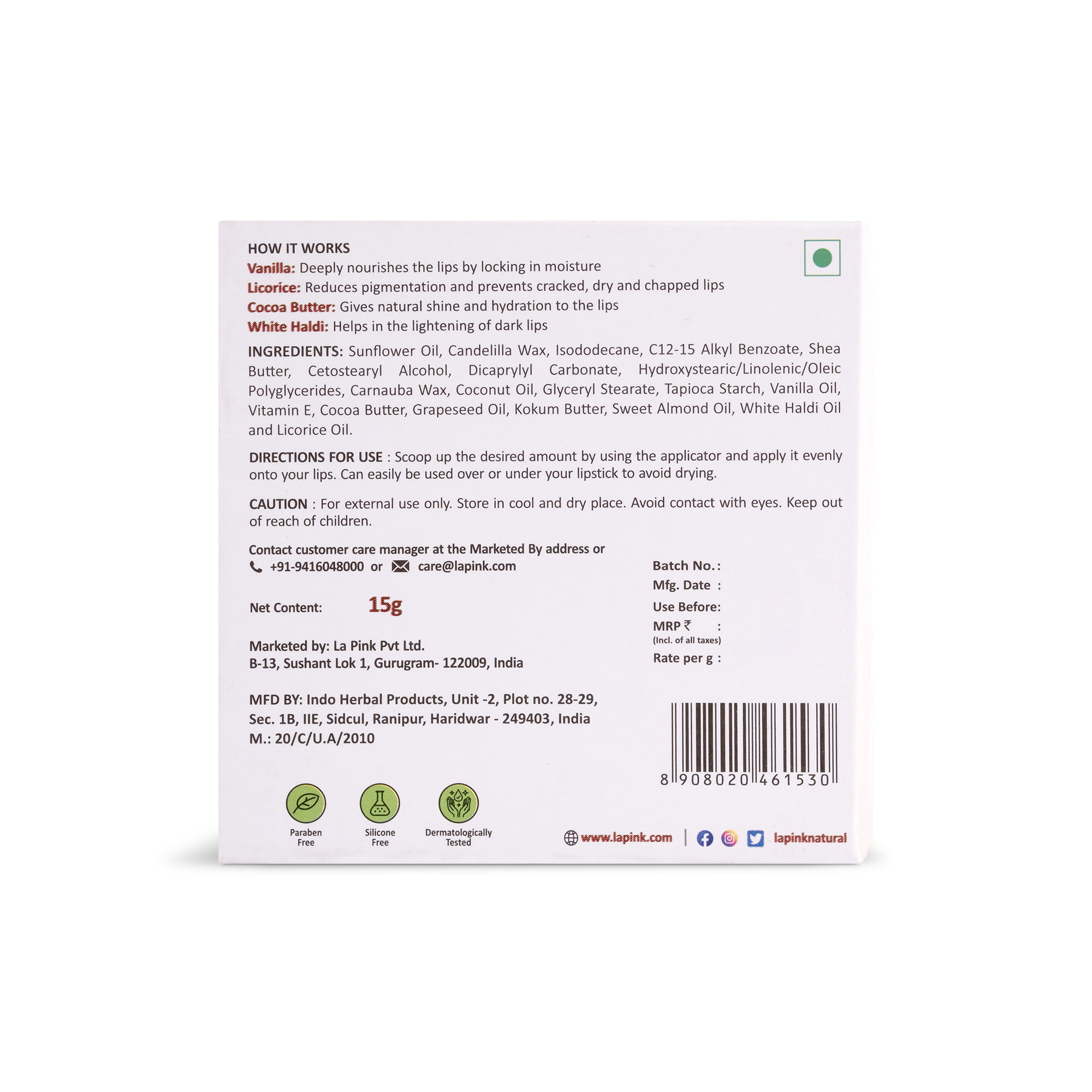 La Pink Vanilla Lip Care with White Haldi for Shiny & Hydrated Lips 15 gms