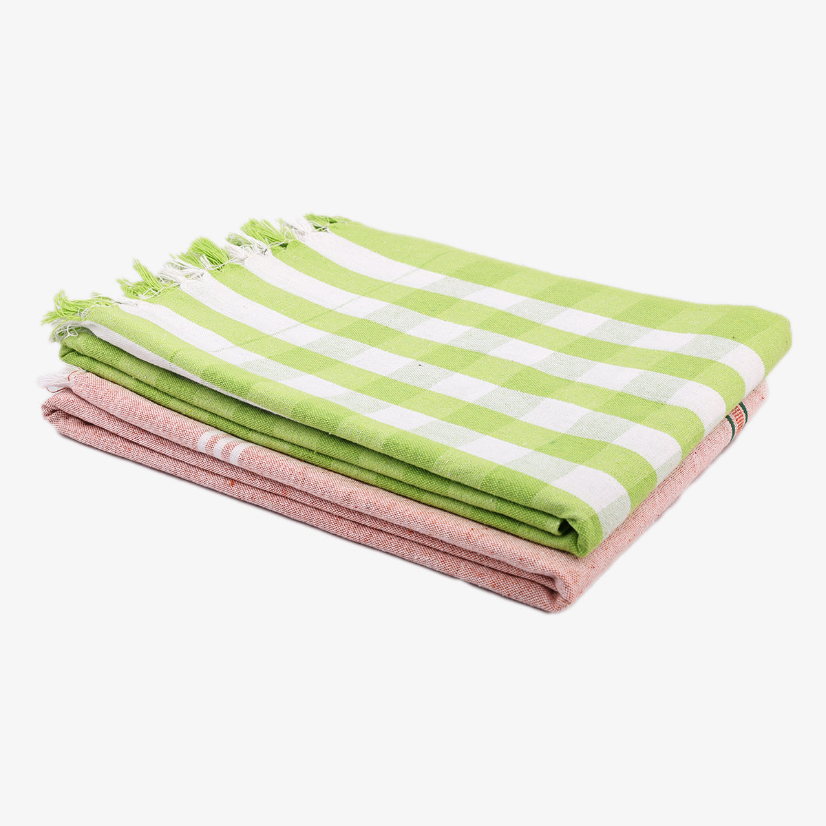 liya handloom multi color cotton bath towels/big towel combo pack of 2 (GREEN+PEACH)