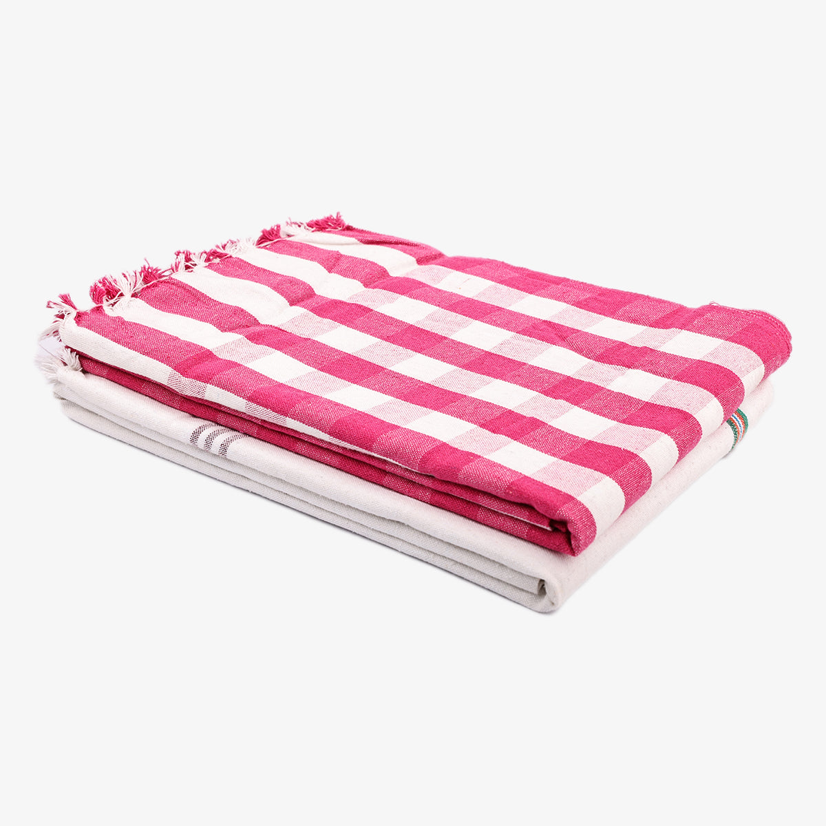 liya handloom multi color cotton bath towels/big towel combo pack of 2 (PINK+WHITE)