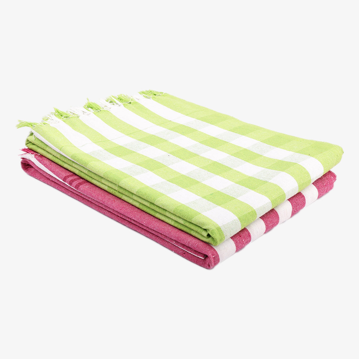 liya handloom multi color cotton bath towels/big towel combo pack of 2 (GREEN+PINK LINES)