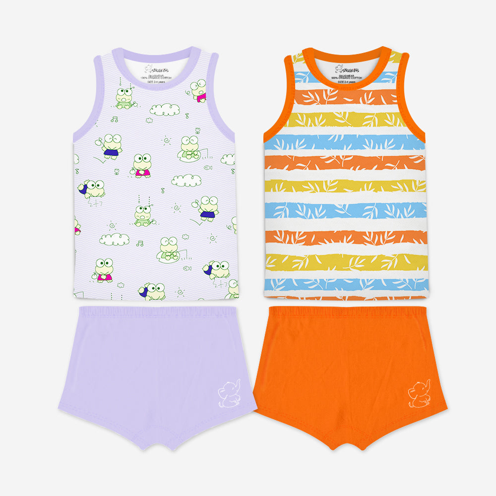 Snugkins Snugwear– 100% Organic Cotton Sleeveless T Shirts Top and Shorts Set for Kids,Toddlers, Boys and Girls (Size 2, 2-4 Years) – Set of 2