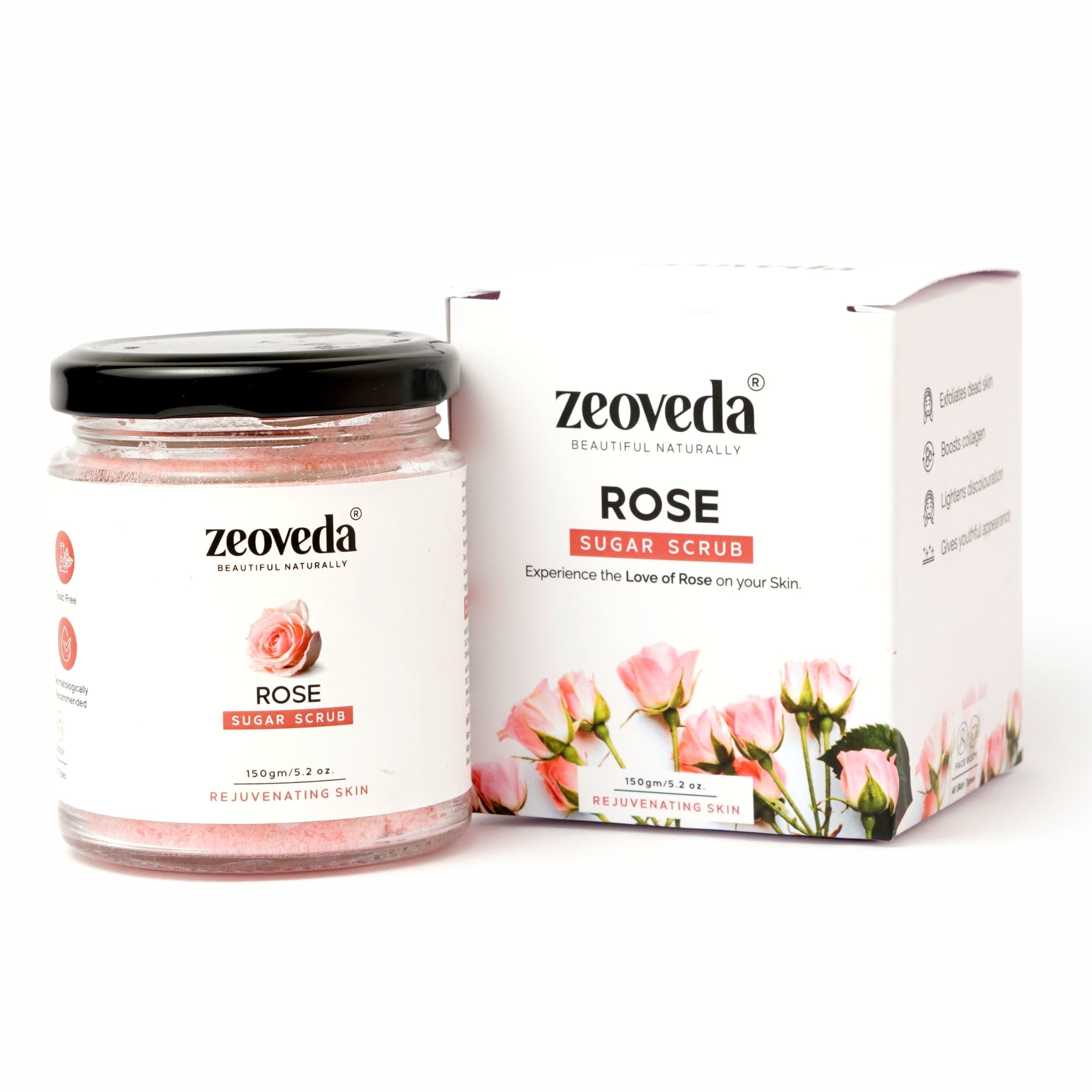 Zeoveda Natural Exfoliate Rose Sugar Scrub For Face & Body, Blackhead Remover, De Tan Removal, Dirt Removal From Neck, Knees, Elbows, Arms | Toxin & Cruelty Free | Suitable for all Skin Type