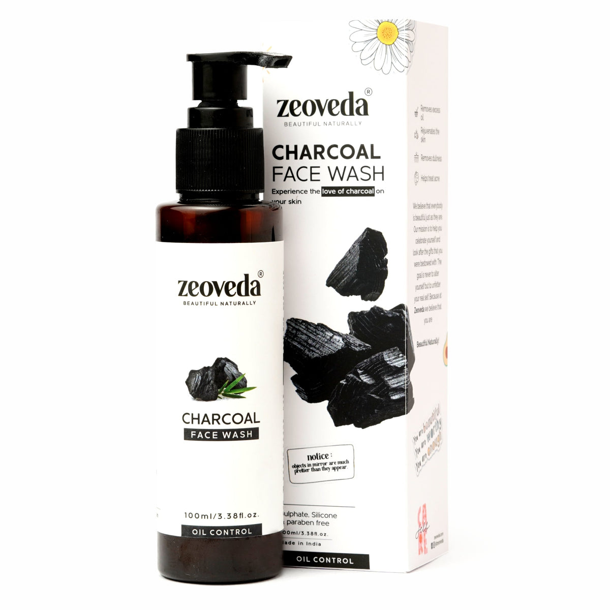 Zeoveda Organic Charcoal Face Wash for Deep Skin Pore Cleansing, Acne and Pimples | Anti-pollution and Oil Control Benefits| For Men and Women | No Parabens and No Sulphates - 100ML