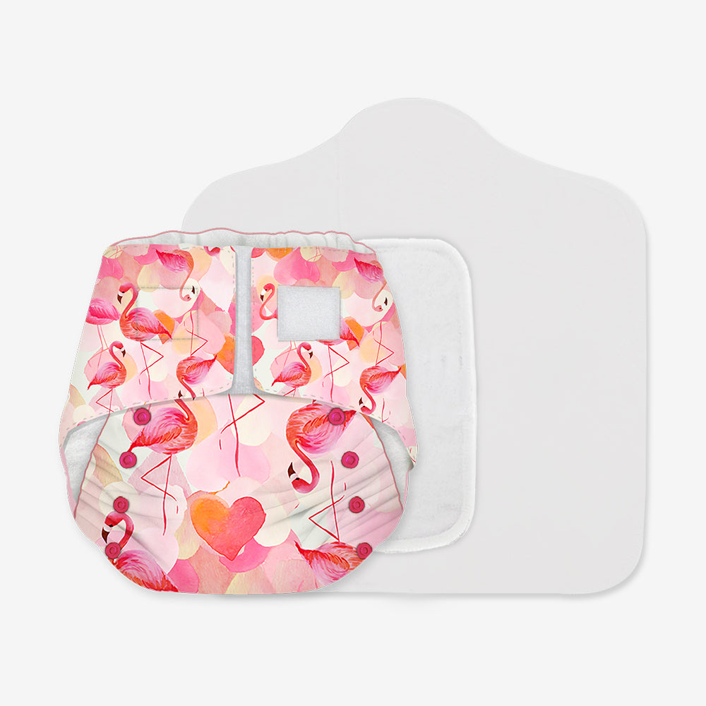Snugkins -Newborn Bliss - Reusable,Waterproof & Washable Cloth Diapers for Newborn babies, Contains 1 Diaper, 1 Wet-Free Organic Cotton Pad & 1 Booster Pad - Fits 2.5kg – 7kg - Flamingo Hearts