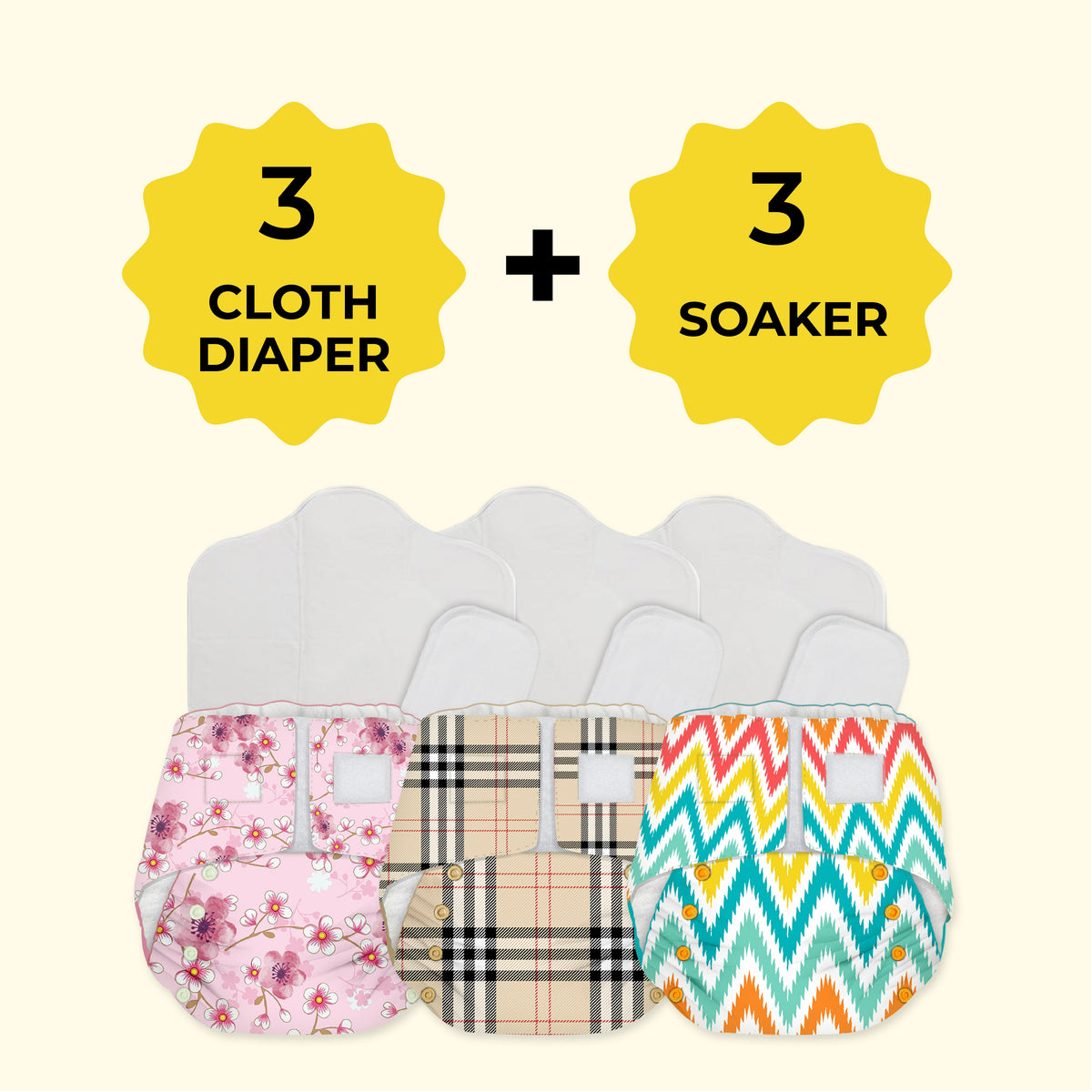 Snugkins -Newborn Bliss - Reusable,Waterproof & Washable Cloth Diapers for Newborn babies, Contains 3 Diaper, 3 Wet-Free Organic Cotton Pad & 3 Booster Pad - Fits 2.5kg – 7kg