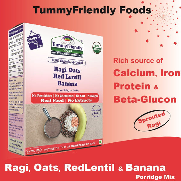 TummyFriendly Foods Certified 100% Organic Sprouted Ragi, Oats, Red Lentil, Banana Porridge Mix | Made of Sprouted Whole Grain Ragi, Oats | Rich in Calcium, Iron, Fibre & Micro-Nutrients |200g Cereal (200 g)