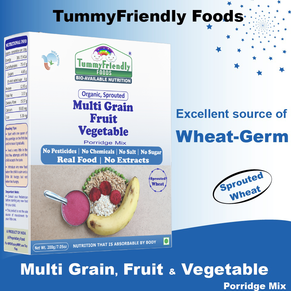 TummyFriendly Foods Certified Organic Sprouted Multi Grain Fruit Vegetable (Sprouted Wheat, Oats, Banana, Beetroot, Green Peas) Porridge Mix | Organic Baby Food For 8 Months Old | Made of Sprouted Whole Wheat | 200g Cereal (200 g, 8+ Months)