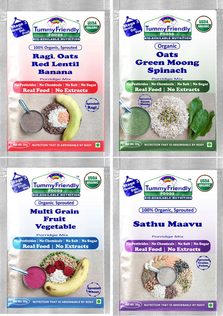 TummyFriendly Foods Certified Stage3 Porridge Mixes Trial Packs - Ragi, MultiGrain, Oats, Sathu Maavu | Organic Baby Food for 8 Months Old Baby |4 Packs, 50g Each Cereal (200 g, Pack of 4)