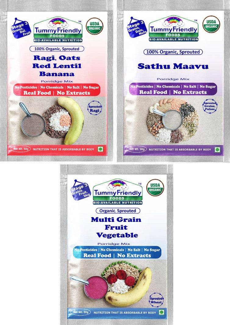 TummyFriendly Foods Certified Stage3 Porridge Mixes Trial Packs - Ragi, Sathu Maavu, MultiGrain | Organic Baby Food for 8 Months Old Baby |3 Packs, 50g Each Cereal (150 g, Pack of 3)