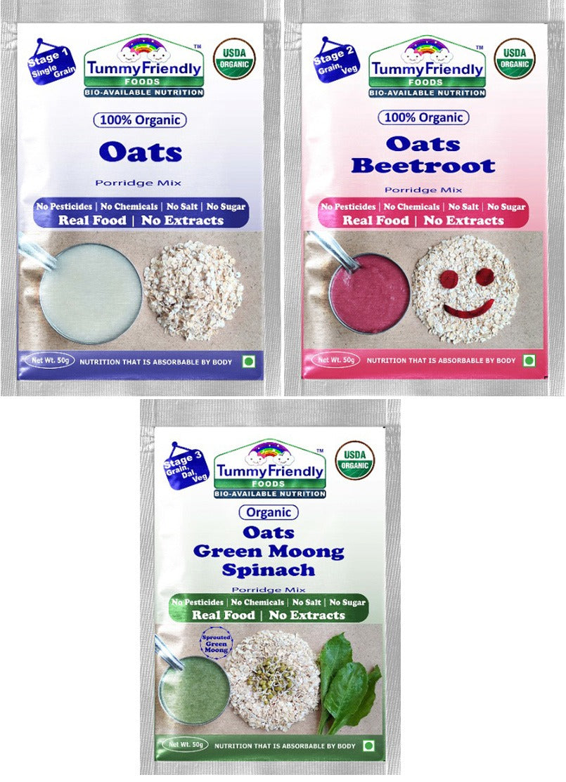 TummyFriendly Foods Certified Oats Porridge Mixes - Stage1, Stage2, Stage3 | Rich in Beta-Glucan, Protein & Fibre|3 Packs, 50g Each Cereal (150 g, Pack of 3)