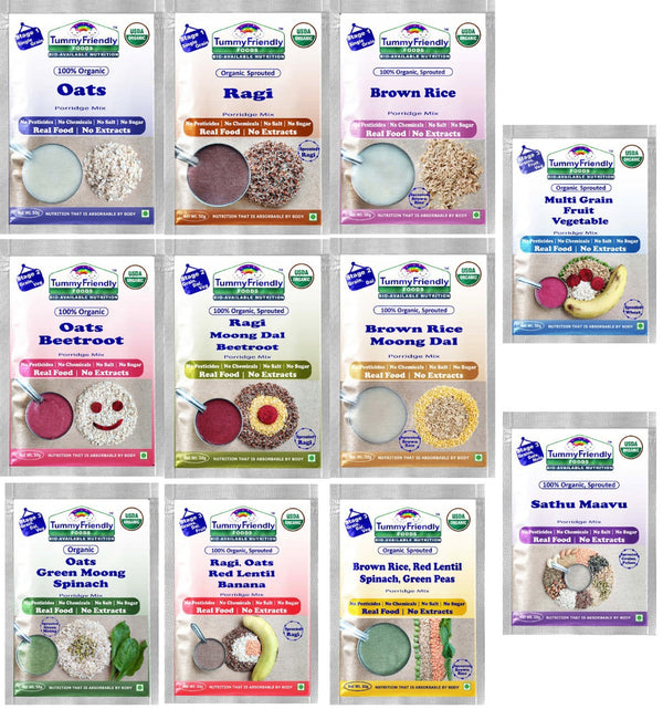 TummyFriendly Foods Certified Stage1, Stage2, Stage3 Porridge Mixes | Organic Baby Food for 6,7,8 Months Old Baby |Trial Packs - 11 Packs, 50g Each Cereal (550 g, Pack of 11)