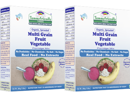 TummyFriendly Foods Certified Organic Sprouted Multi Grain Fruit Vegetable Porridge Mix (Sprouted Wheat, Oats, Banana, Beetroot, Green Peas), Organic Baby Food For 8 Months Old , Made of Sprouted Whole Wheat , 200g Each, 2Packs Cereal (400 g, Pack of 2)