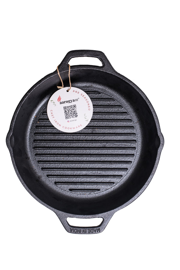 Aarogyam Cast Iron AAS grill pan round double short handle