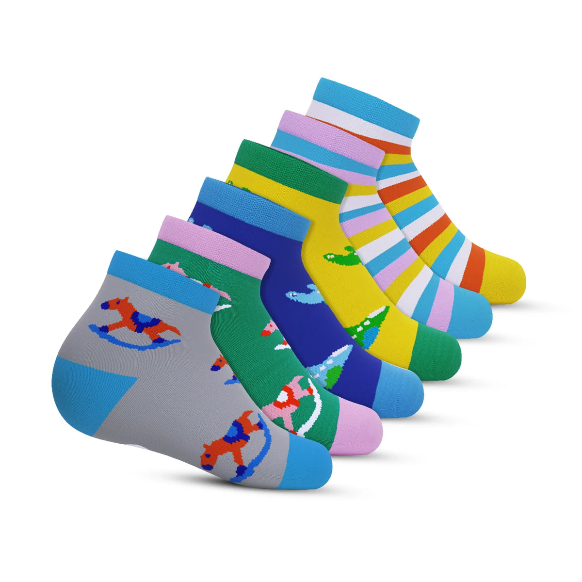 Ankle - play time - Grey & Green, take off - Yellow & Royal blue, hide seek - Pink & Sky blue - Pack of 6