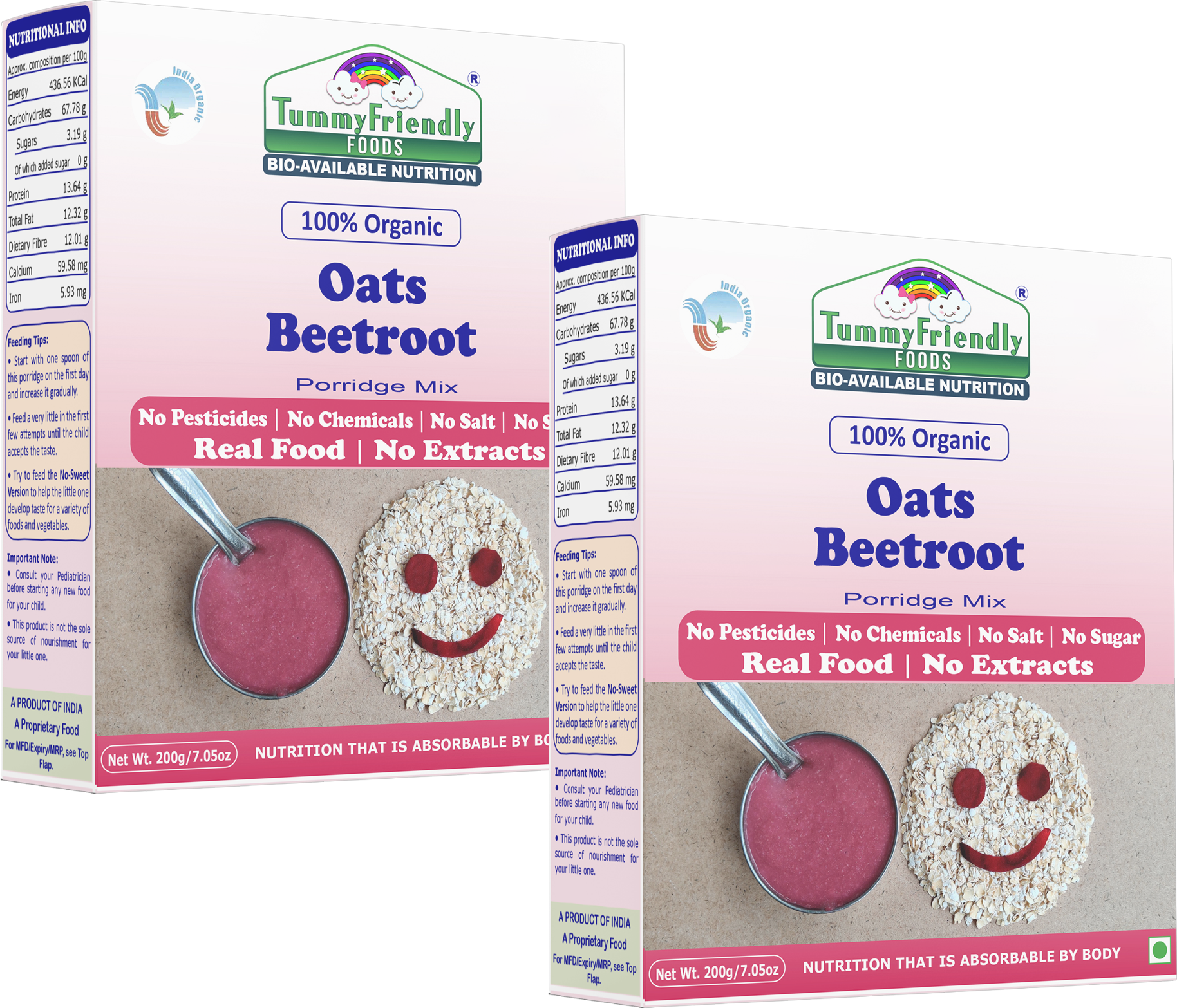 TummyFriendly Foods Certified 100% Organic Oats, Beetroot Porridge Mix , Organic Baby Food for 6 Months Old , Rich in Beta-Glucan, Protein & Fibre, 200g Each, 2 Packs Cereal (400 g, Pack of 2)