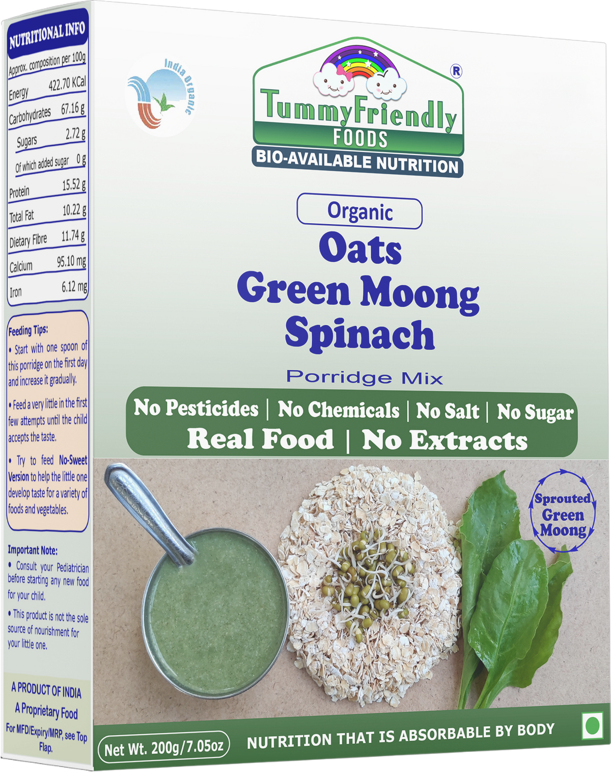 TummyFriendly Foods Certified Organic Oats, Green Moong, Spinach Porridge Mix | Organic Baby Food for 8 Months Old | Made of Sprouted Whole Green Moong | Rich in Iron, Protein & Micro-Nutrients | 200g Cereal (200 g)