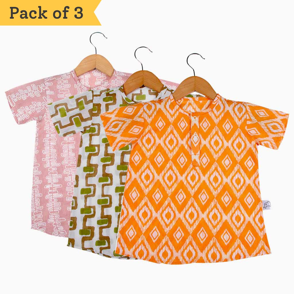 Short Sleeve Kurta - 3 pack - Orange Canvas - Saplings - Pastel Pink