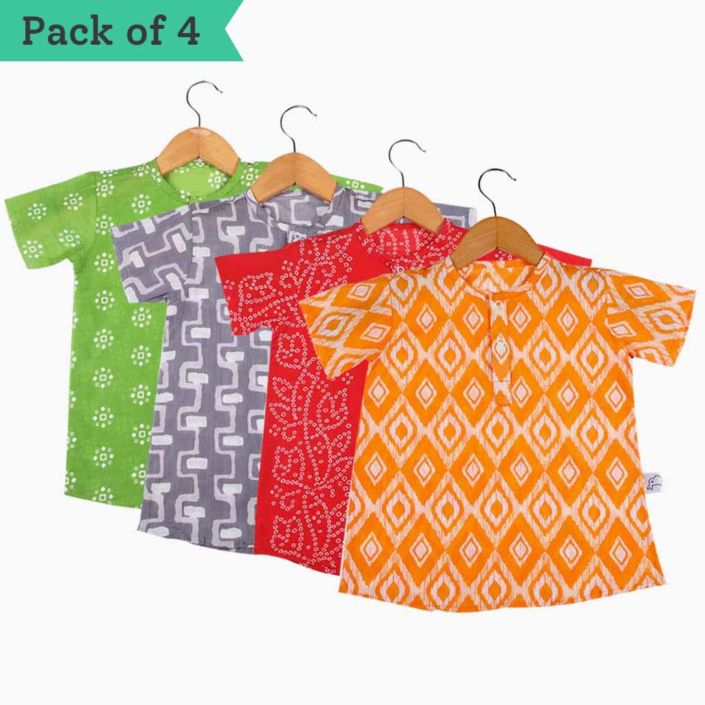 Short Sleeve Kurta - Pack of 4 - Dazzle Green - Maroon Dance - Grey in Harmony - Orange Canvas