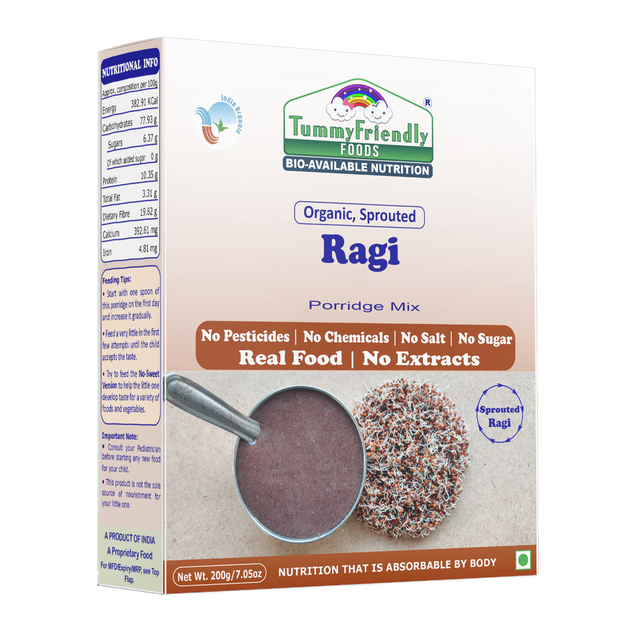 TummyFriendly Foods Certified Organic Sprouted Ragi Porridge Mix | Made of Organic Sprouted Ragi for Baby| Rich in Calcium, Iron, Fibre & Micro-Nutrients | 200g Cereal (200 g)