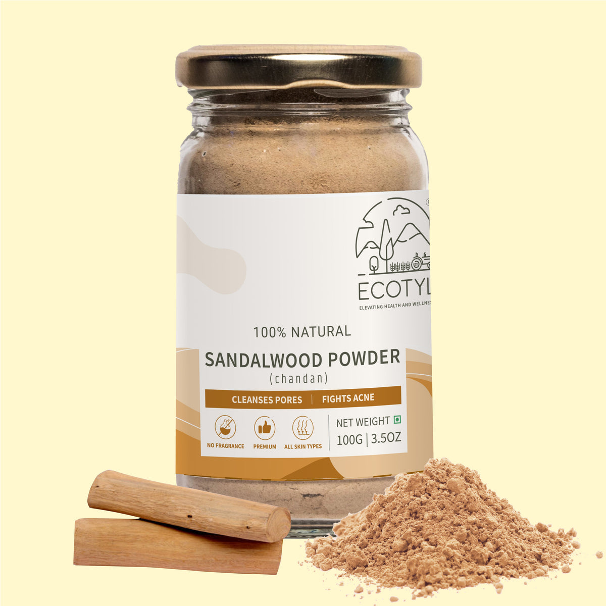 Ecotyl Pure Sandalwood Powder | Face Pack for Skin Brightening & Pore Cleansing | 100g