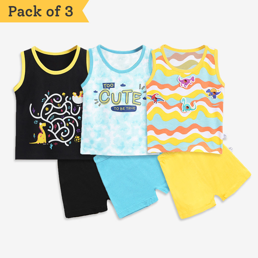 Top & Shorts Set - 3 pack -  Dino-A-Maze - Tie-Dye Blues - Waves & Badges