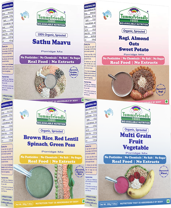 TummyFriendly Foods Organic Certified Stage3 Sprouted Porridge Mixes Combo - 4 Packs With Brown Rice | Organic Baby Food for 8 Months Old Baby |4 Packs, 200g Each Cereal (800 g, Pack of 4)