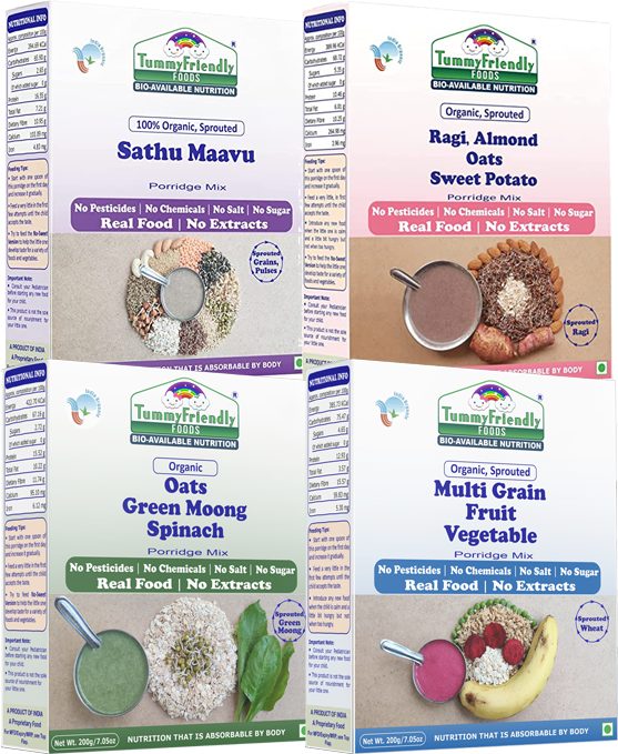 TummyFriendly Foods Organic Certified Stage3 Sprouted Porridge Mixes Combo - 4 Packs With Oats | Organic Baby Food for 8 Months Old Baby |4 Packs, 200g Each Cereal (800 g, Pack of 4)