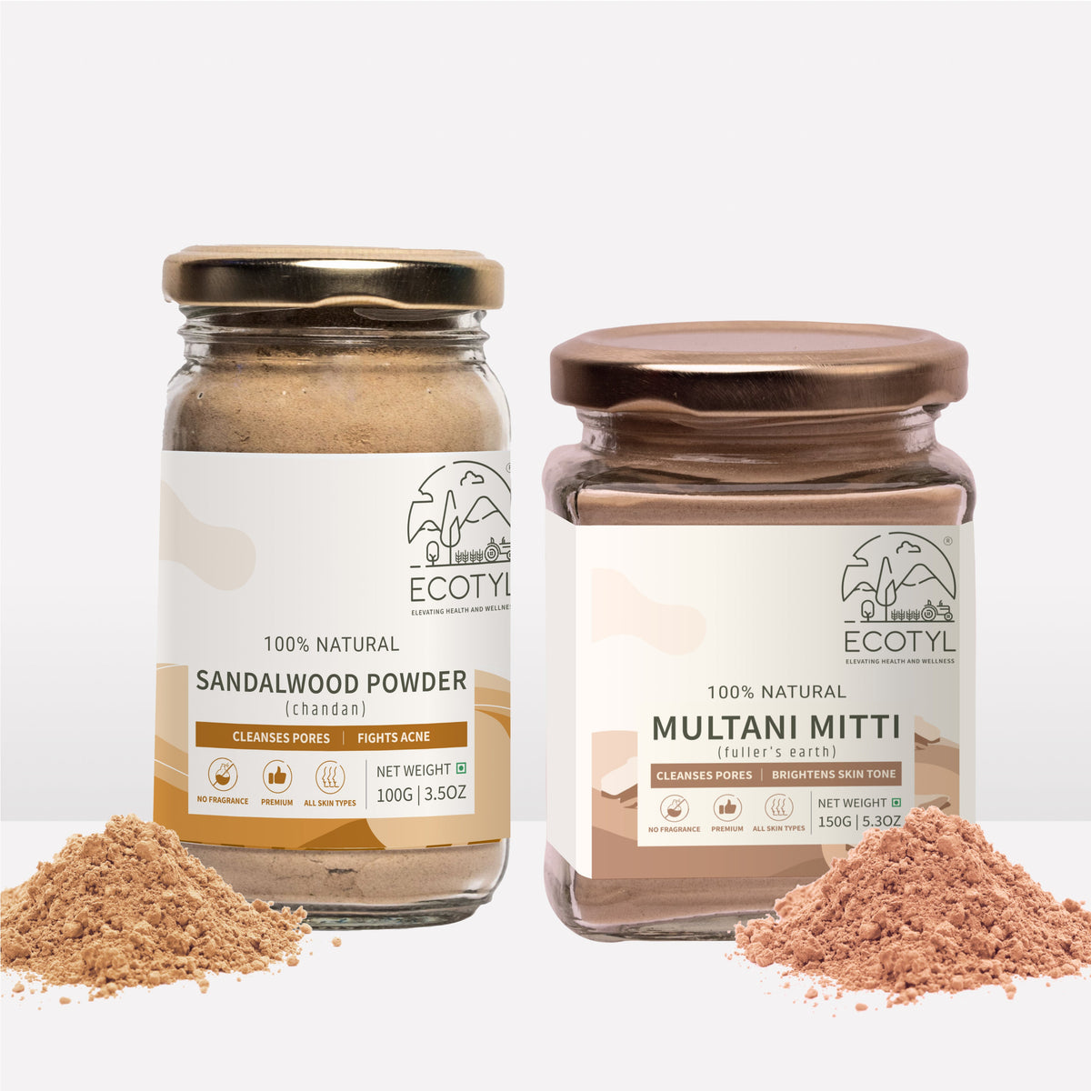 Ecotyl Face Pack Combo - Sandalwood Powder and Multani Mitti | Duo for Skin Brightening and Glow | 100g + 150g