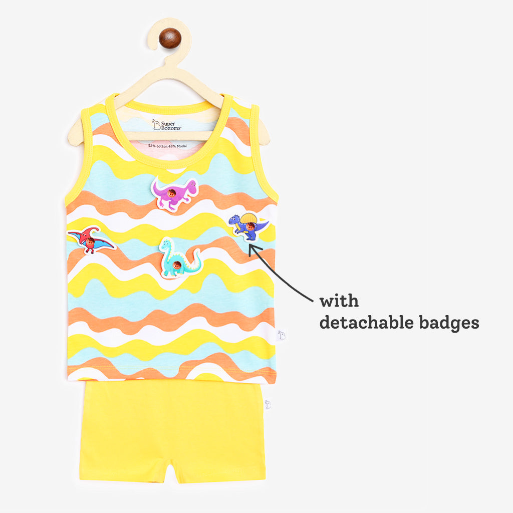 Top & Shorts Set - 3 pack -  Dino-A-Maze - Tie-Dye Blues - Waves & Badges