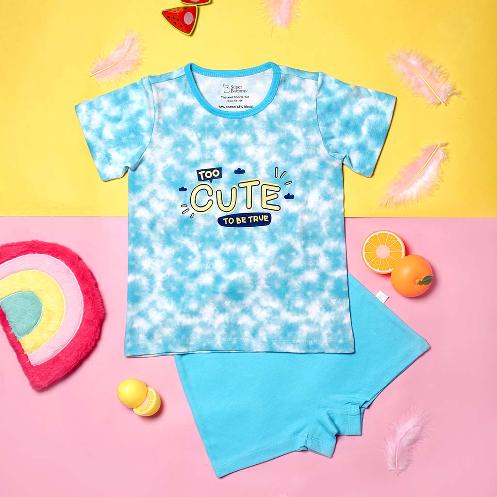Short Sleeve Top & Shorts Set - 2 pack - Waves & Badges - Tie-Dye Blues
