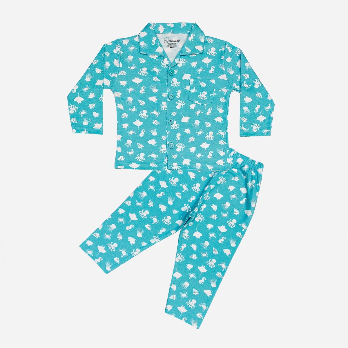 Snugkins Full Sleeves Baby Octopus Printed Pajamas | Night Suit | Sleep Wear for Baby/Kids | Boys and Girls | Fits 2-3 Years | Aqua Blue