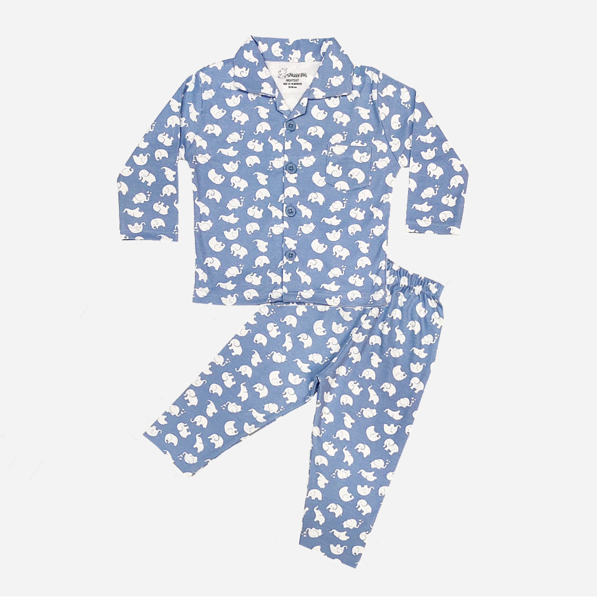 Snugkins Full Sleeves Baby Elephant Printed Pajamas | Night Suit | Sleep Wear for Baby/Kids | Boys and Girls | Fits 6-12 Months | Light Blue