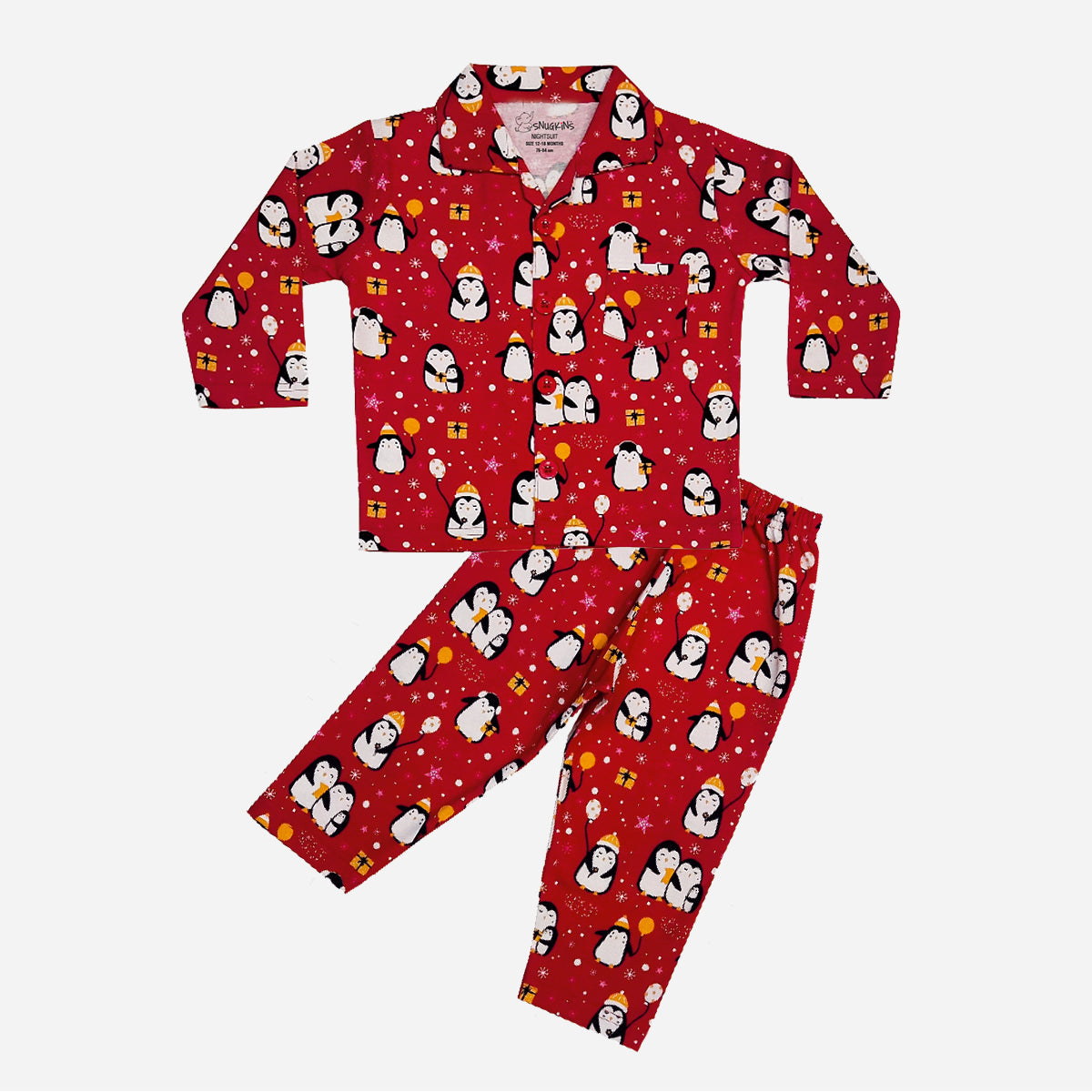 Snugkins Full Sleeves Baby Penguin Printed Pajamas | Night Suit | Sleep Wear for Baby/Kids | Boys and Girls | Fits 5-6 Years | Dark Red