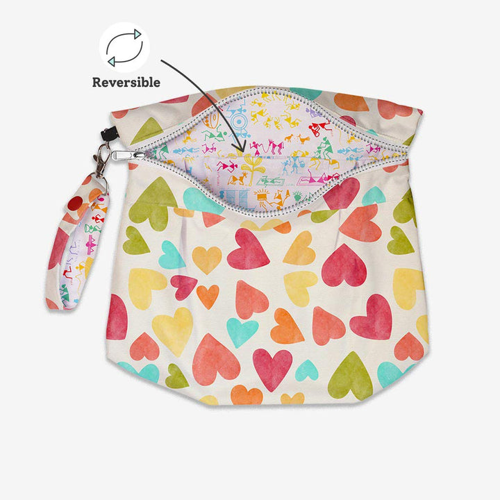 Reversible Waterproof Bag - Baby Hearts and White Warli 