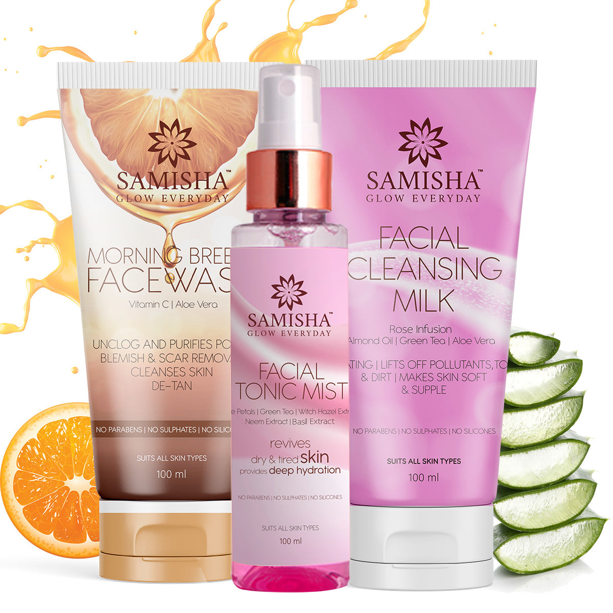 Samisha Organic Facial Tonic Mist, Cleansing Milk and Vitamin C Facewash Combo Pack