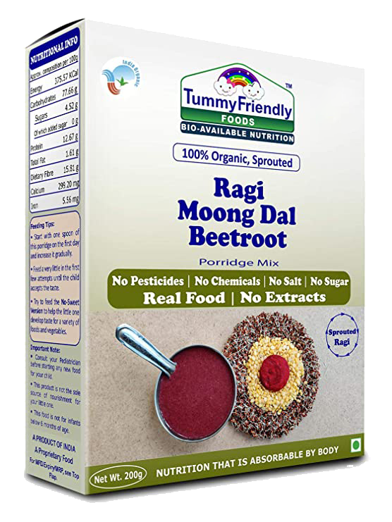 TummyFriendly Foods Certified 100% Organic Sprouted Ragi, Moong Dal, Beetroot Porridge Mix | Organic Baby Food for 6 Months Old | Made of Sprouted Ragi for Baby |Rich in Calcium, Iron, Fibre & Micro-Nutrients | 200g Cereal (200 g)