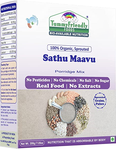 TummyFriendly Foods Certified Organic Sprouted Sathu Maavu Porridge Mix |Made of Sprouted Ragi, Whole Grains, Pulses & Nuts | Rich in Protein & healthy-Fat For Baby Weight Gain| 200g Cereal (200 g)