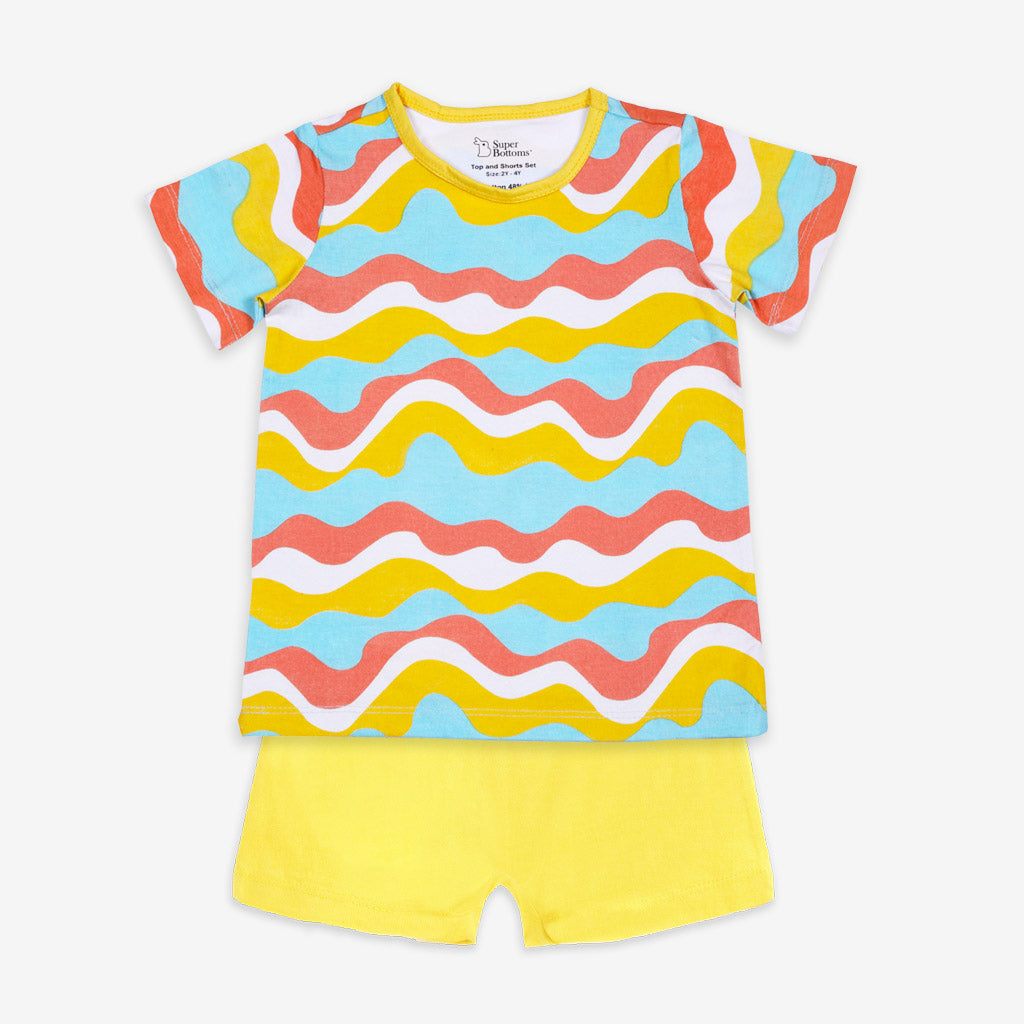 Short Sleeve Top & Shorts Set - 2 pack - Waves & Badges - Tie-Dye Blues